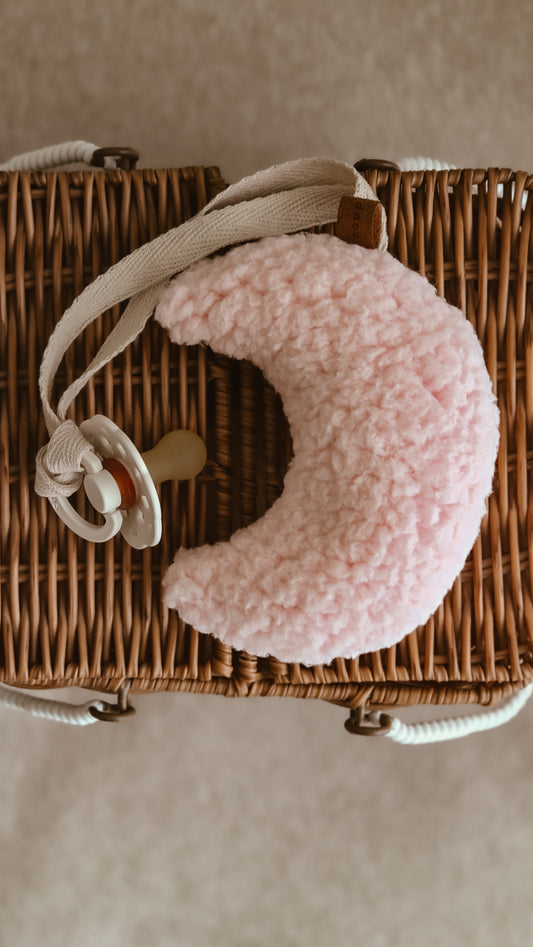 Pink Bouclé Moon Pacifier Chain – Handmade Dummy Chain in Soft Pink