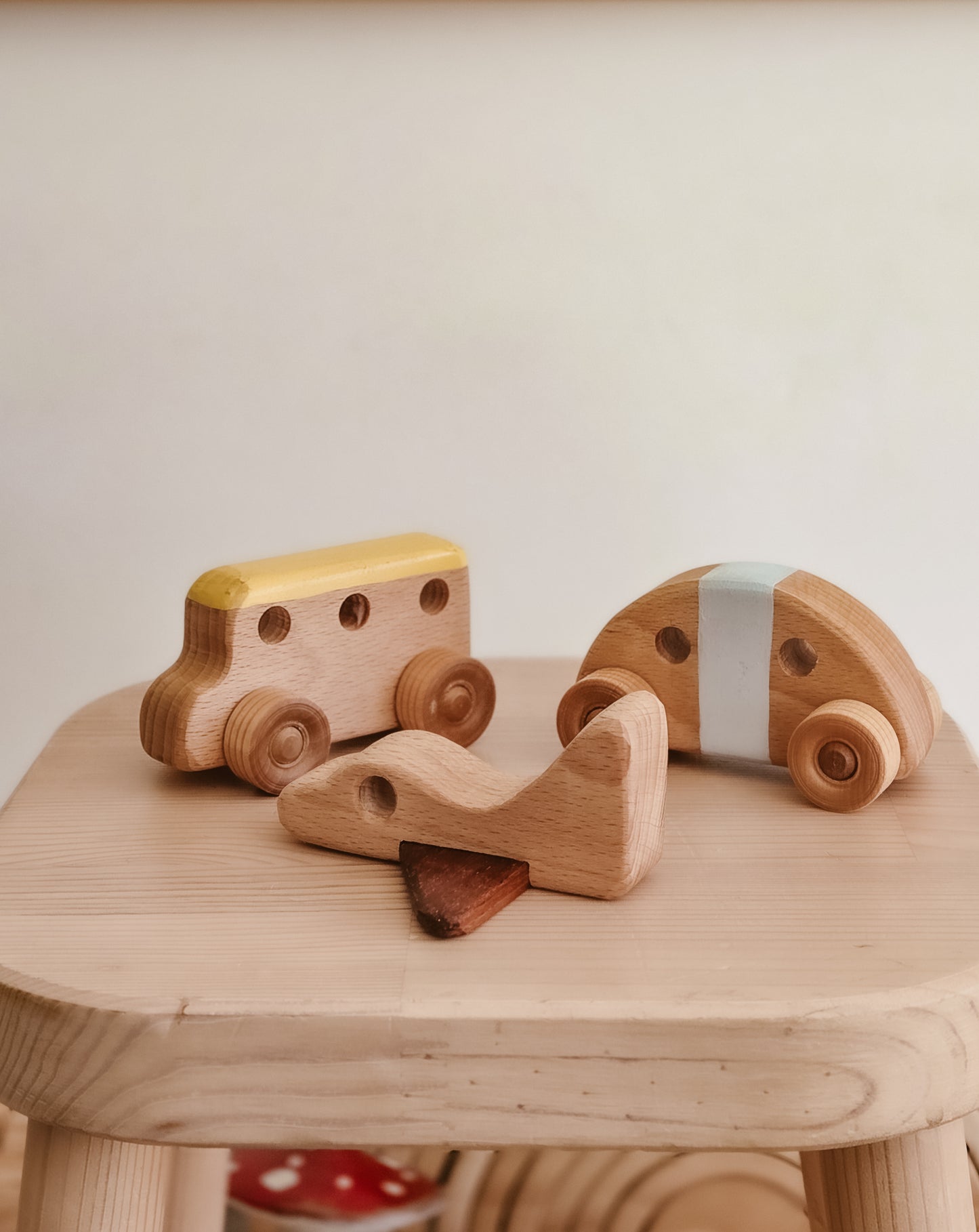 Handmade Wooden toy car, bus and plane set | Pastel Collection