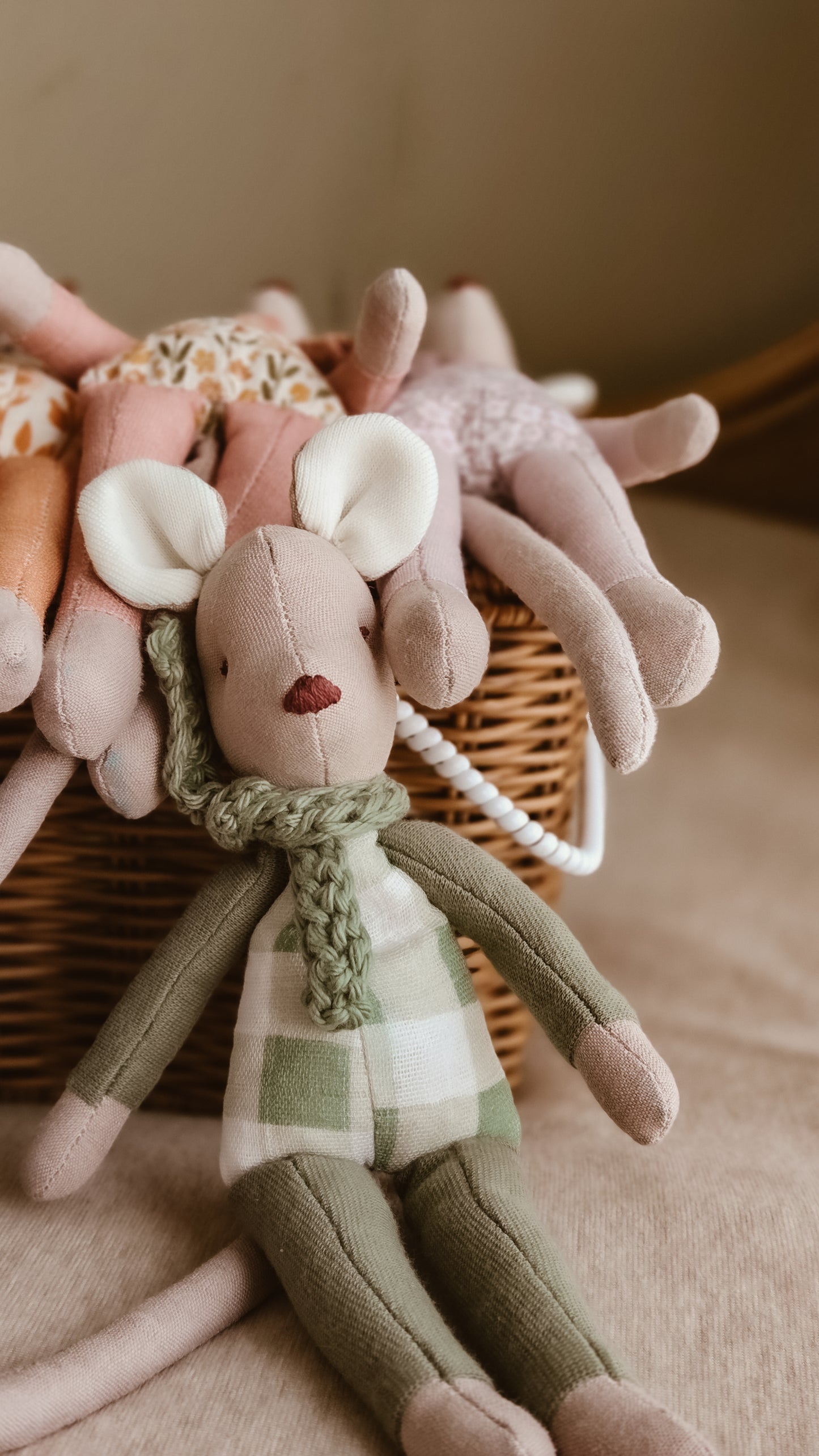 Handmade Linen Mouse | Green | Heirloom soft toy | Pastel Collection