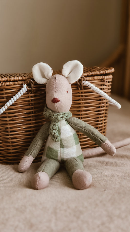 Handmade Linen Mouse | Green | Heirloom soft toy | Pastel Collection