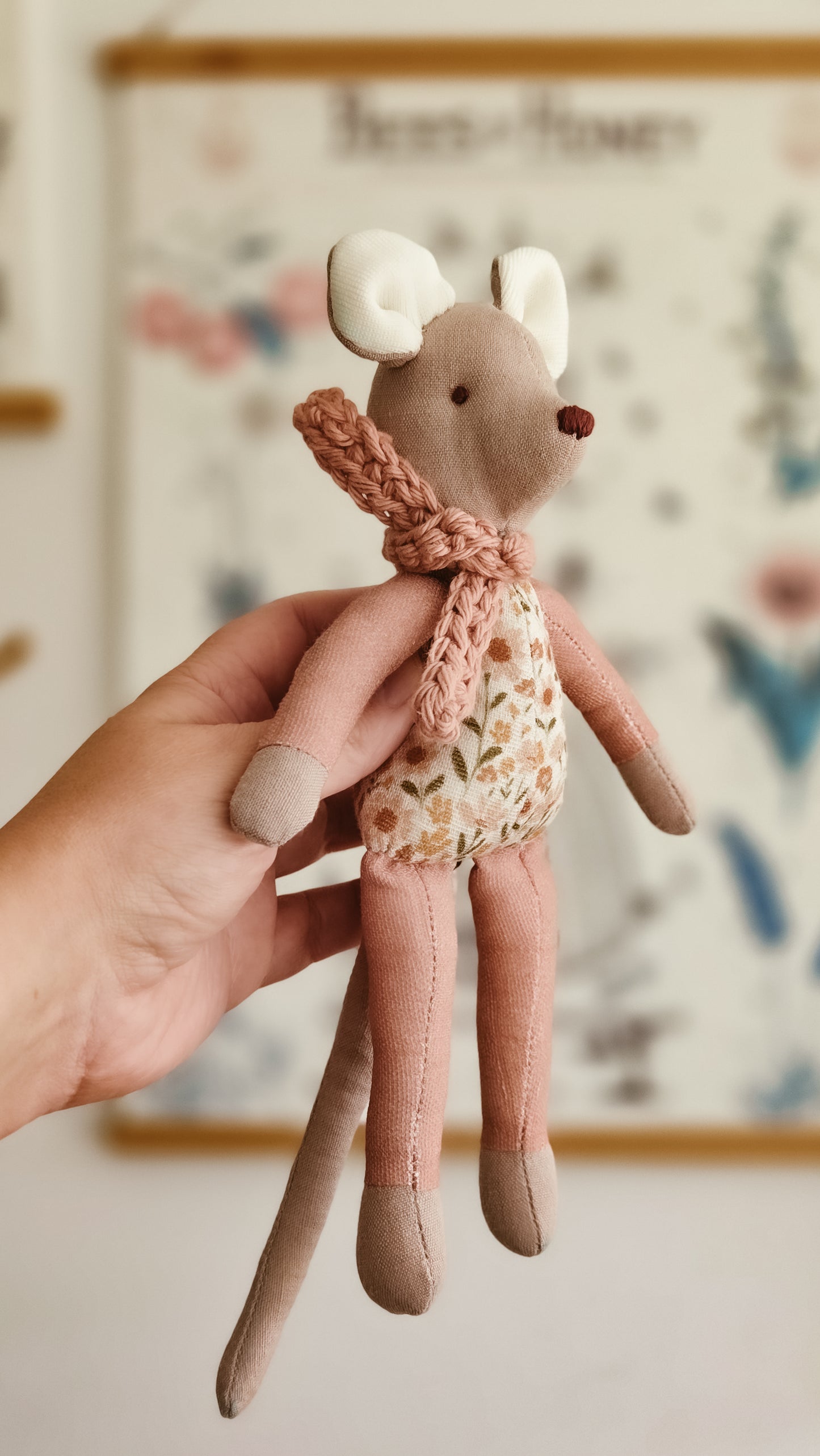 Handmade Linen Mouse | Pink | Heirloom soft toy | Pastel Collection