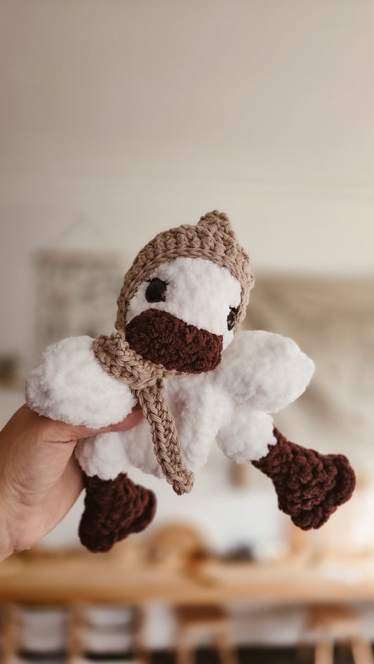 Handmade Crochet white duck with grey bonnet plushie | Coffee & Cream Collection
