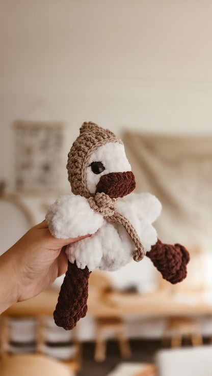 Handmade Crochet white duck with grey bonnet plushie | Coffee & Cream Collection