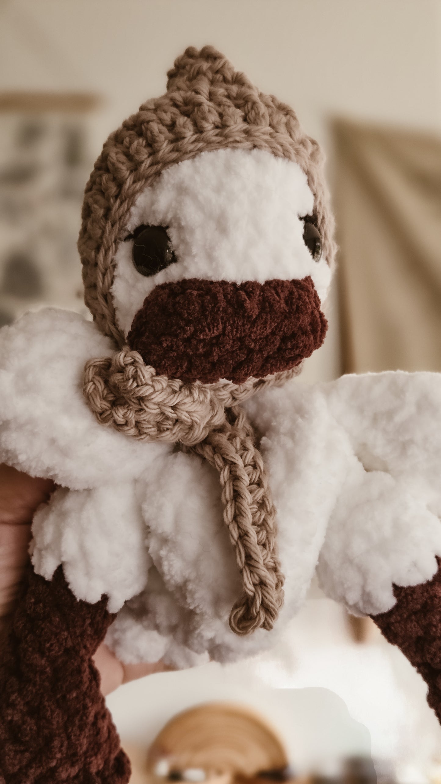 Handmade Crochet white duck with grey bonnet plushie | Coffee & Cream Collection