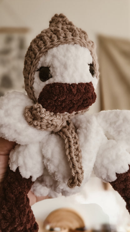 Handmade Crochet white duck with grey bonnet plushie | Coffee & Cream Collection