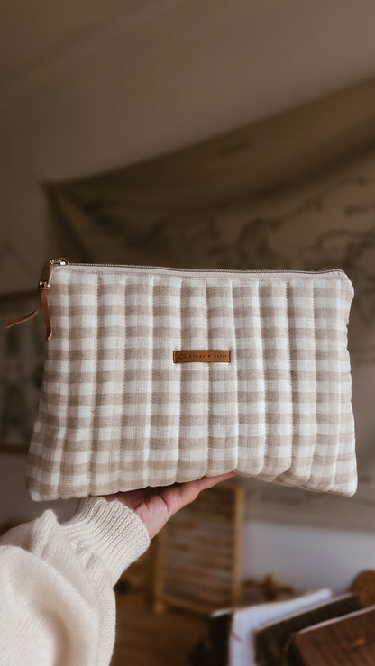 Beige Check Tall Zipper Bag | Toiletry Bag | Mini Nappy Bag, Makeup & Travel Pouch with Inner Pocket | Coffee & Cream Collection