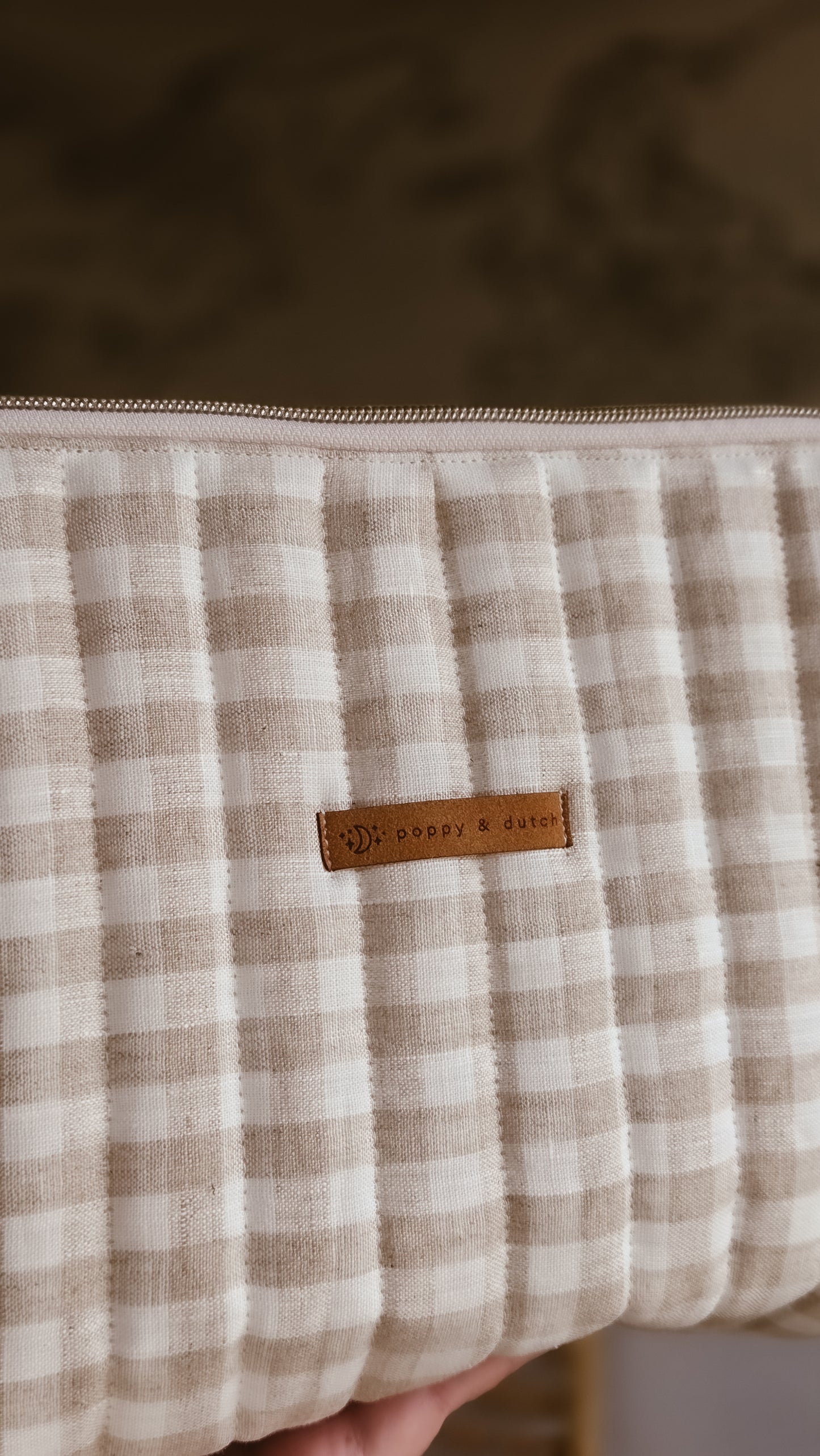 Beige Check Tall Zipper Bag | Toiletry Bag | Mini Nappy Bag, Makeup & Travel Pouch with Inner Pocket | Coffee & Cream Collection