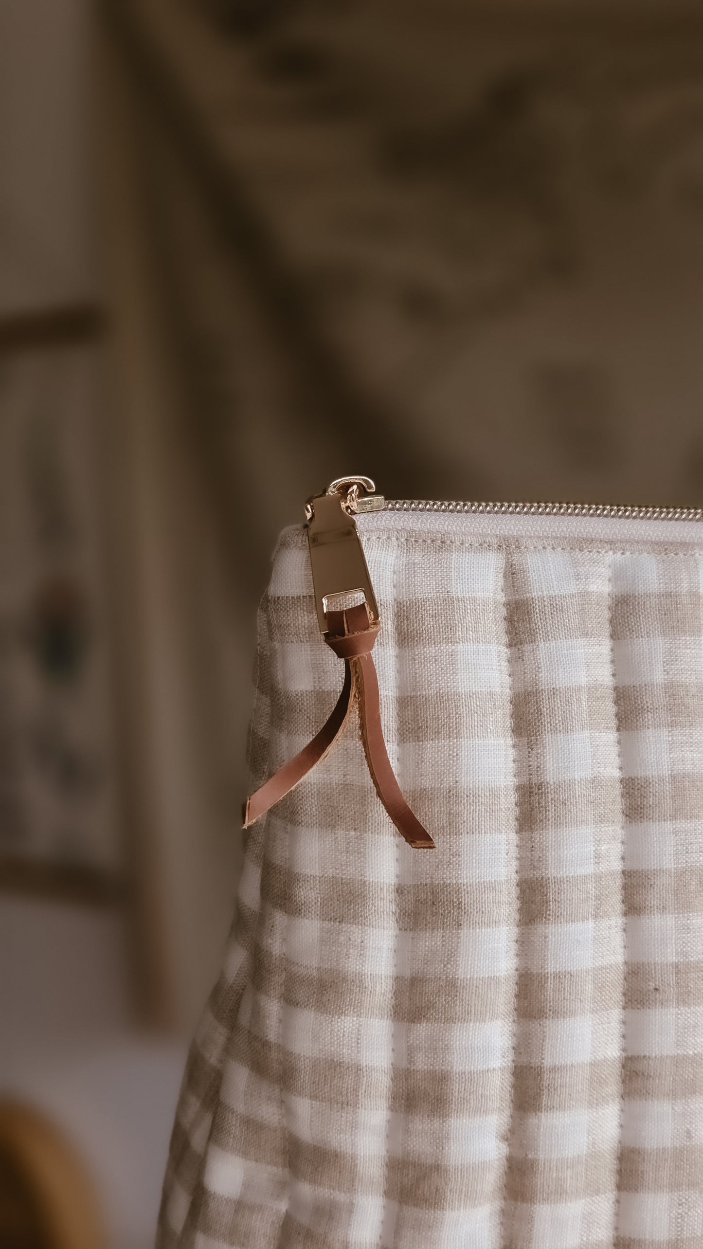 Beige Check Tall Zipper Bag | Toiletry Bag | Mini Nappy Bag, Makeup & Travel Pouch with Inner Pocket | Coffee & Cream Collection