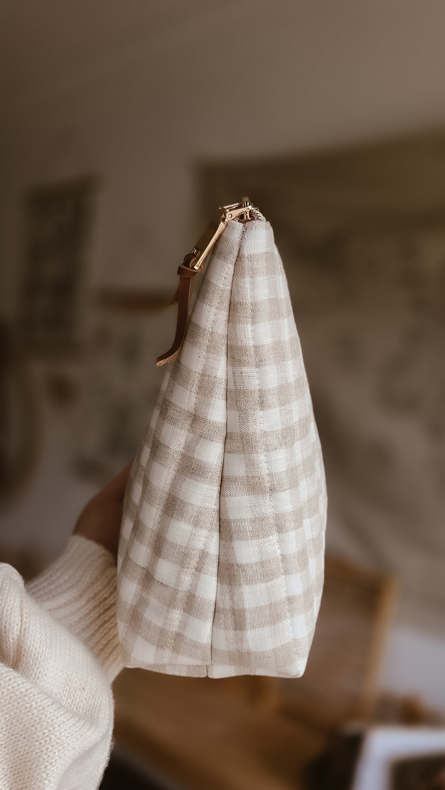 Beige Check Tall Zipper Bag | Toiletry Bag | Mini Nappy Bag, Makeup & Travel Pouch with Inner Pocket | Coffee & Cream Collection