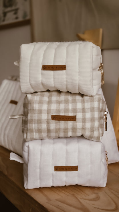 Check linen Boxy Zipper Bag – Mini Nappy Bag, Makeup & Travel Pouch with Inner Pocket | Coffee & Cream Collection