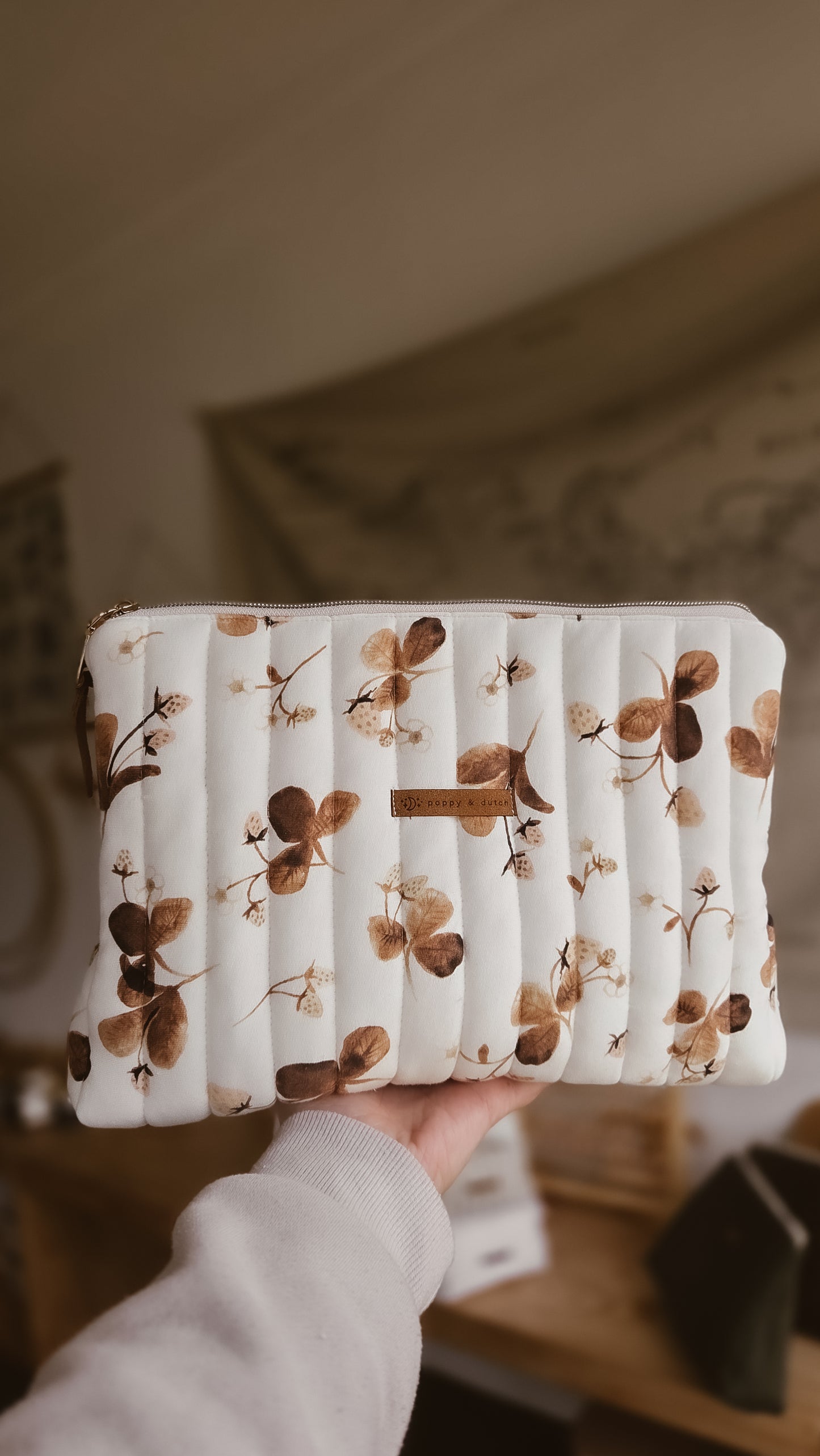 Strawberry knit Tall Zipper Bag | Toiletry Bag | Mini Nappy Bag, Makeup & Travel Pouch with Inner Pocket | Winter Forest Collection