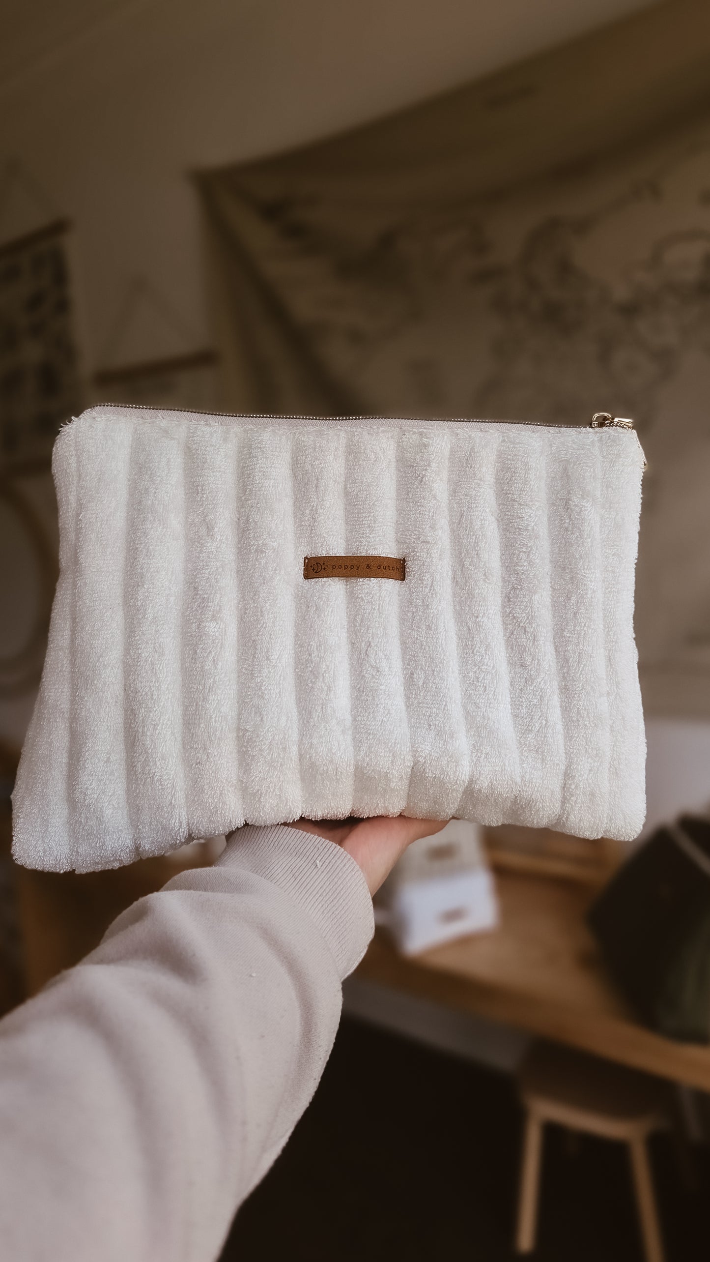 White Terry Tall Zipper Bag | Toiletry Bag | Mini Nappy Bag, Makeup & Travel Pouch with Inner Pocket | Coffee and Cream Collection