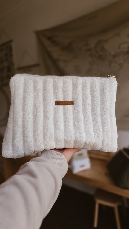 White Terry Tall Zipper Bag | Toiletry Bag | Mini Nappy Bag, Makeup & Travel Pouch with Inner Pocket | Coffee and Cream Collection