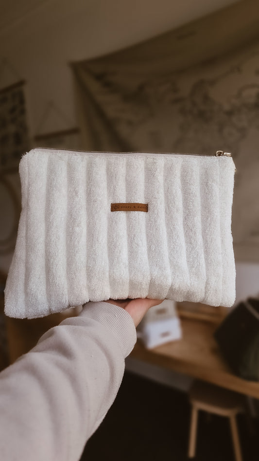 White Terry Tall Zipper Bag | Toiletry Bag | Mini Nappy Bag, Makeup & Travel Pouch with Inner Pocket | Coffee and Cream Collection