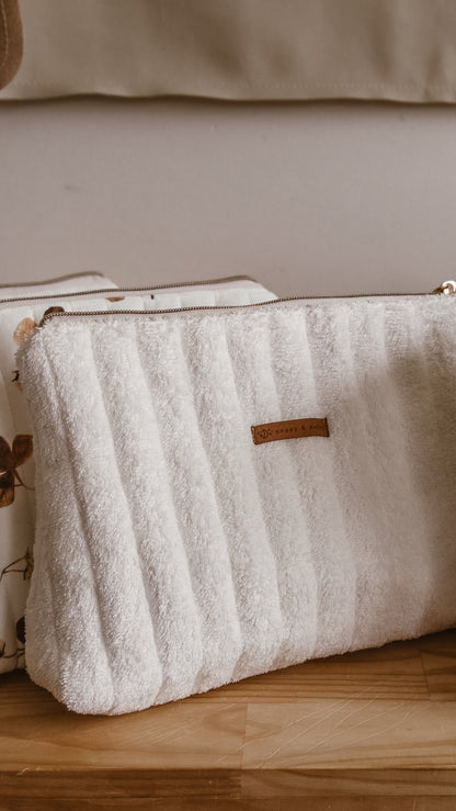White Terry Tall Zipper Bag | Toiletry Bag | Mini Nappy Bag, Makeup & Travel Pouch with Inner Pocket | Coffee and Cream Collection