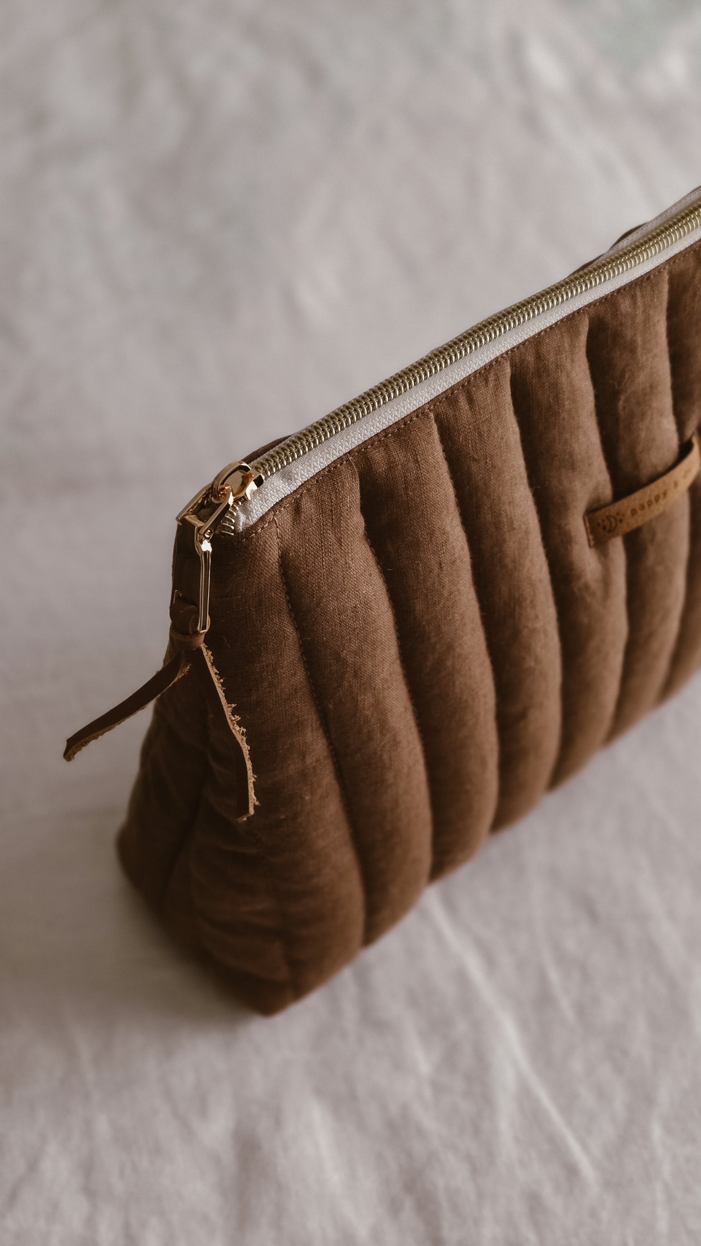 Brown Linen Tall Zipper Bag | Toiletry Bag | Mini Nappy Bag, Makeup & Travel Pouch with Inner Pocket | Coffee & Cream Collection