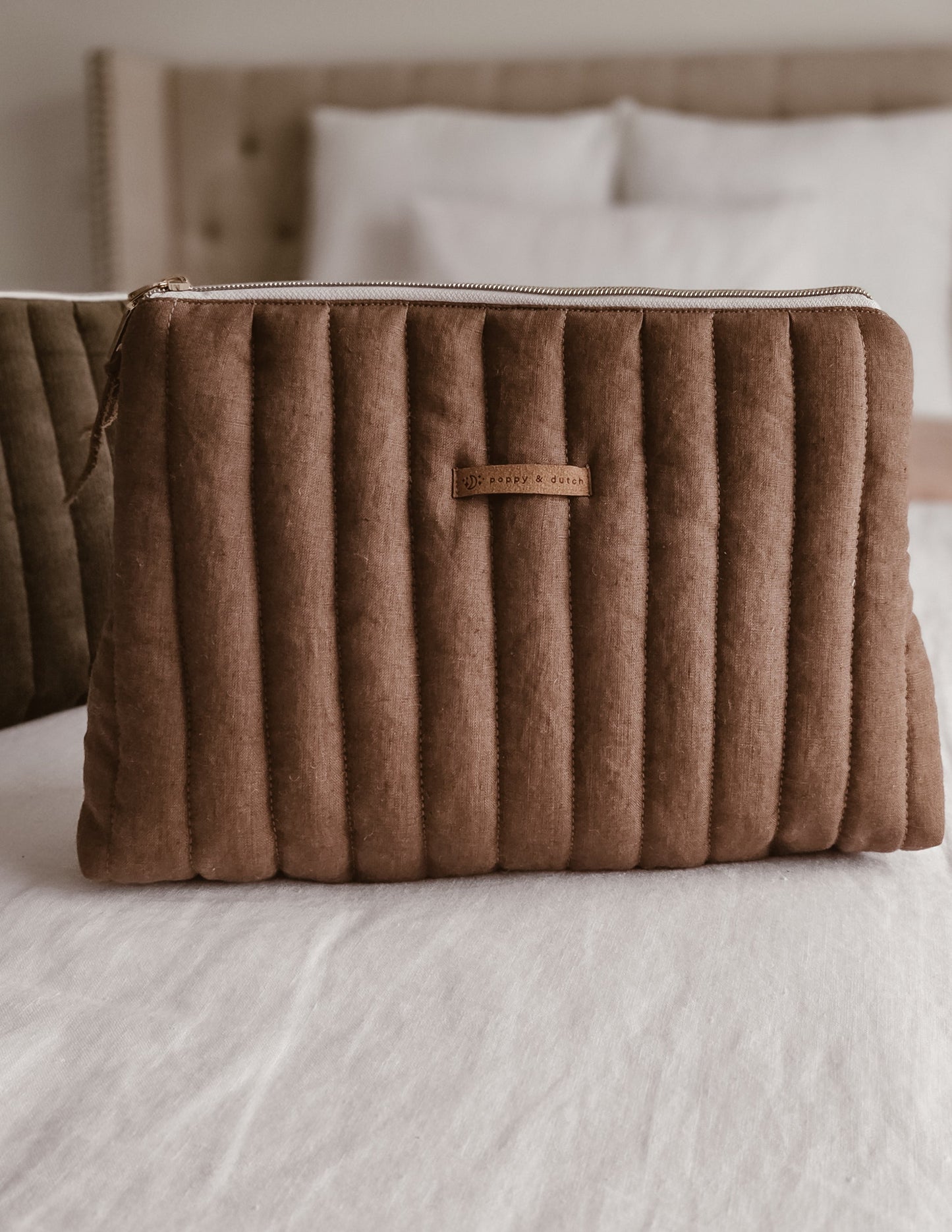 Brown Linen Tall Zipper Bag | Toiletry Bag | Mini Nappy Bag, Makeup & Travel Pouch with Inner Pocket | Coffee & Cream Collection
