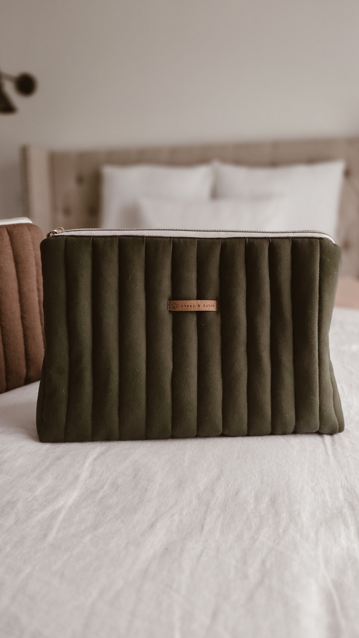 Dark green knit Tall Zipper Bag | Toiletry Bag | Mini Nappy Bag, Makeup & Travel Pouch with Inner Pocket | Winter Forest Collection