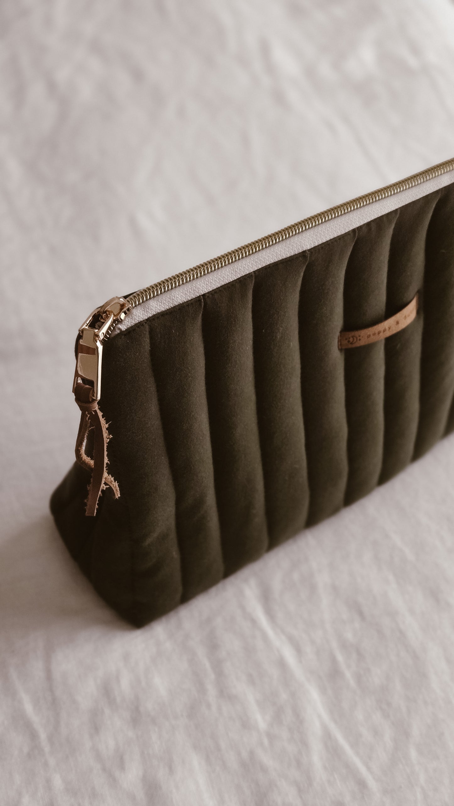 Dark green knit Tall Zipper Bag | Toiletry Bag | Mini Nappy Bag, Makeup & Travel Pouch with Inner Pocket | Winter Forest Collection