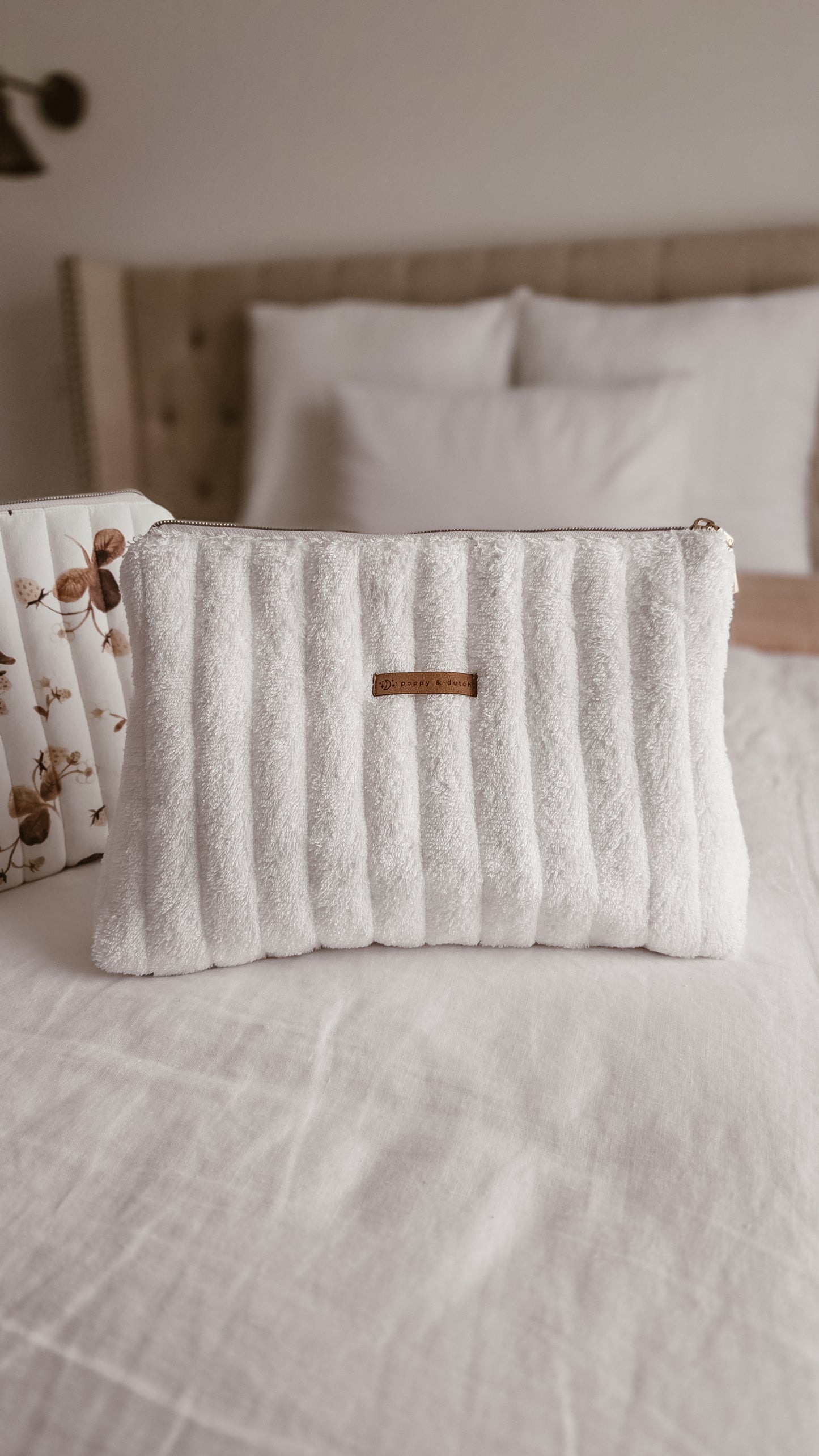 White Terry Tall Zipper Bag | Toiletry Bag | Mini Nappy Bag, Makeup & Travel Pouch with Inner Pocket | Coffee and Cream Collection