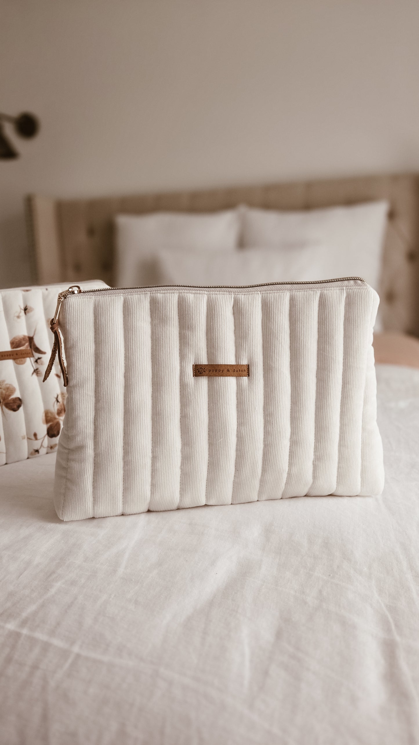 Off white Corduroy Tall Zipper Bag | Toiletry Bag | Mini Nappy Bag, Makeup & Travel Pouch with Inner Pocket | Coffee & Cream Collection