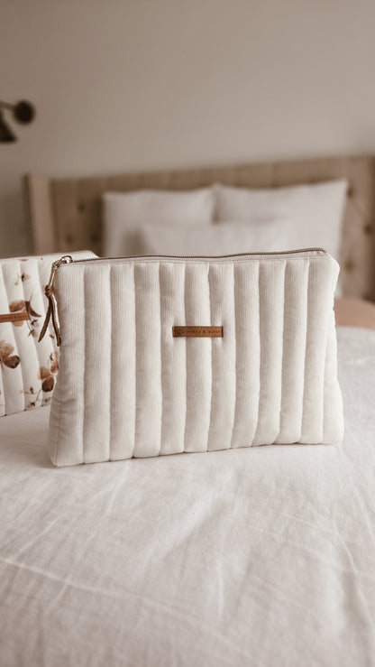 Off white Corduroy Tall Zipper Bag | Toiletry Bag | Mini Nappy Bag, Makeup & Travel Pouch with Inner Pocket | Coffee & Cream Collection