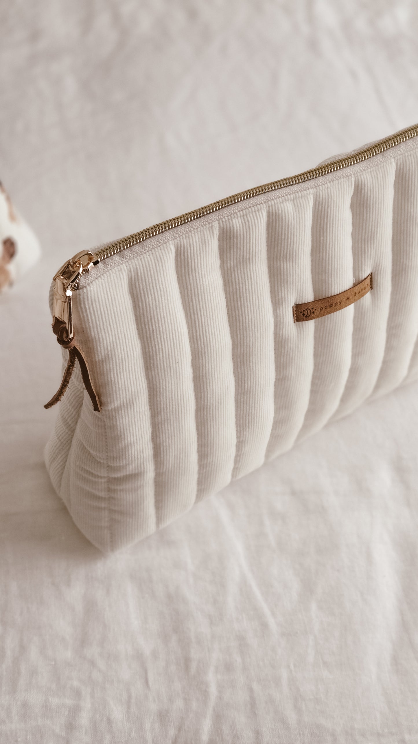 Off white Corduroy Tall Zipper Bag | Toiletry Bag | Mini Nappy Bag, Makeup & Travel Pouch with Inner Pocket | Coffee & Cream Collection