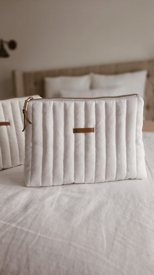 White Linen Tall Zipper Bag | Toiletry Bag | Mini Nappy Bag, Makeup & Travel Pouch with Inner Pocket | Coffee & Cream Collection