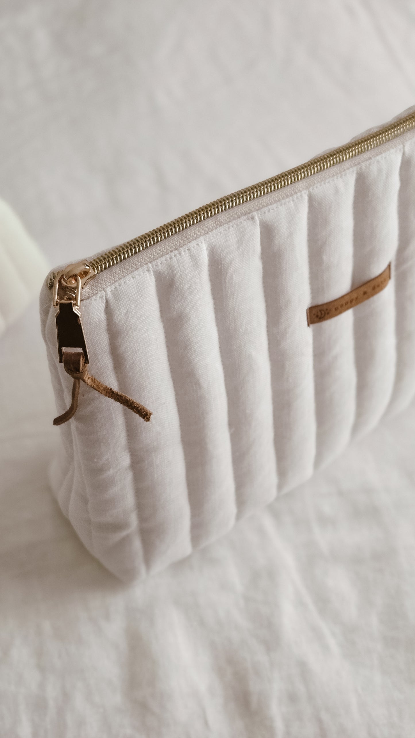 White Linen Tall Zipper Bag | Toiletry Bag | Mini Nappy Bag, Makeup & Travel Pouch with Inner Pocket | Coffee & Cream Collection