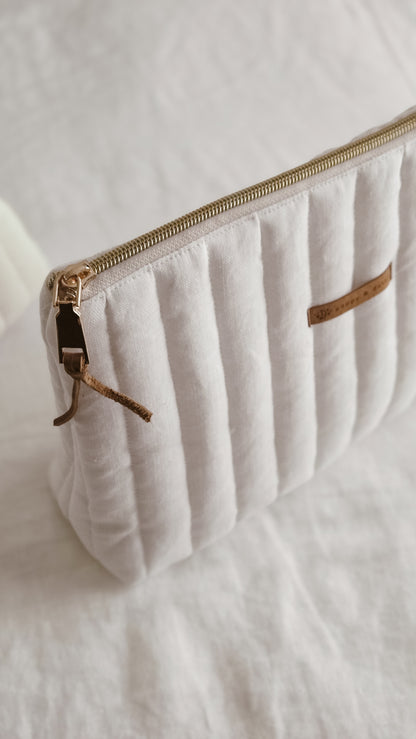 White Linen Tall Zipper Bag | Toiletry Bag | Mini Nappy Bag, Makeup & Travel Pouch with Inner Pocket | Coffee & Cream Collection