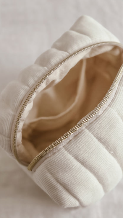 Brown linen Boxy Zipper Bag – Mini Nappy Bag, Makeup & Travel Pouch with Inner Pocket | Coffee & Cream Collection