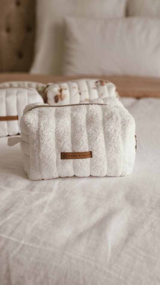 White terry Boxy Zipper Bag – Mini Nappy Bag, Makeup & Travel Pouch with Inner Pocket | Coffee & Cream Collection