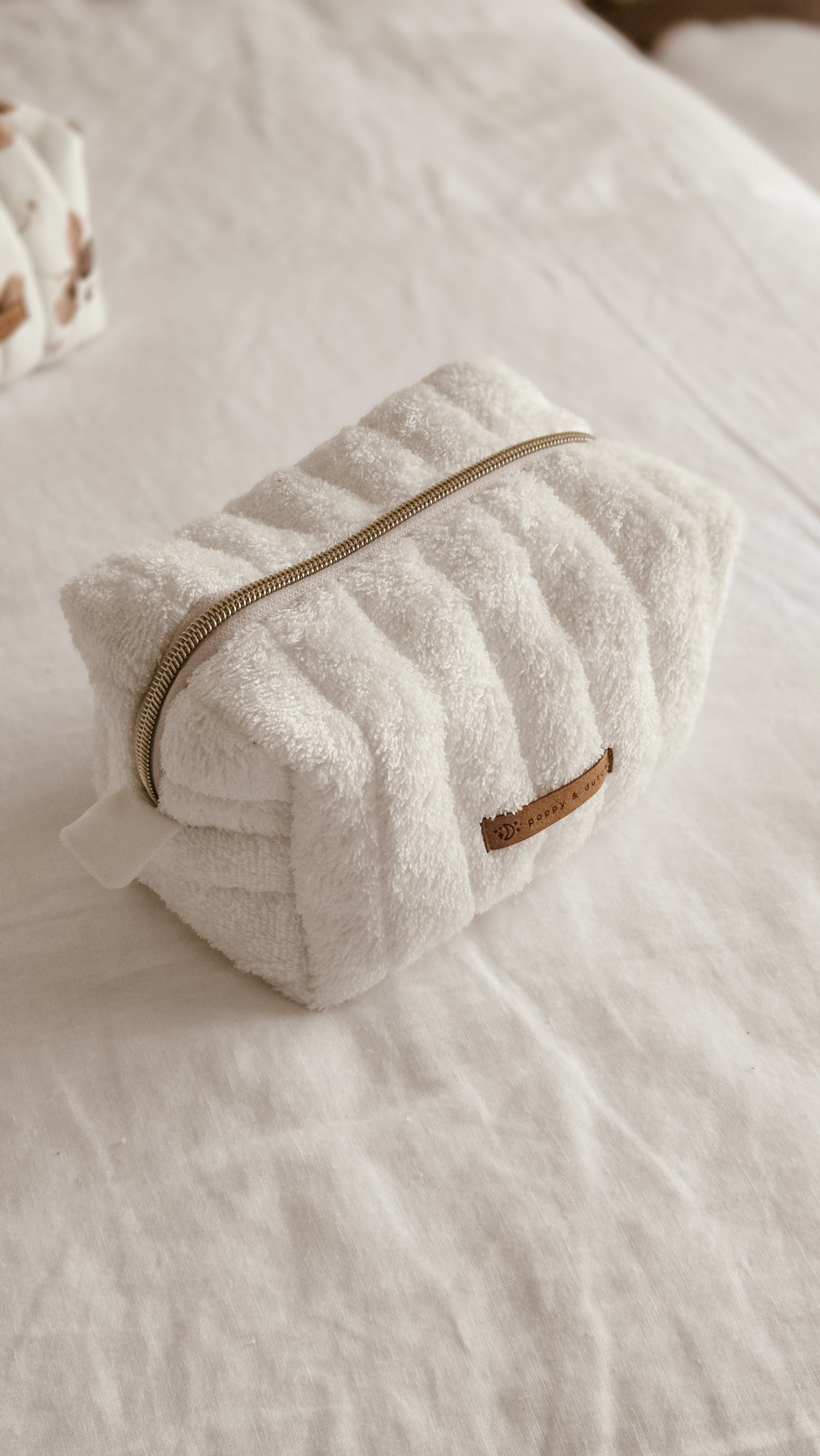 White terry Boxy Zipper Bag – Mini Nappy Bag, Makeup & Travel Pouch with Inner Pocket | Coffee & Cream Collection