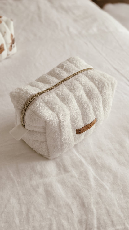 White terry Boxy Zipper Bag – Mini Nappy Bag, Makeup & Travel Pouch with Inner Pocket | Coffee & Cream Collection