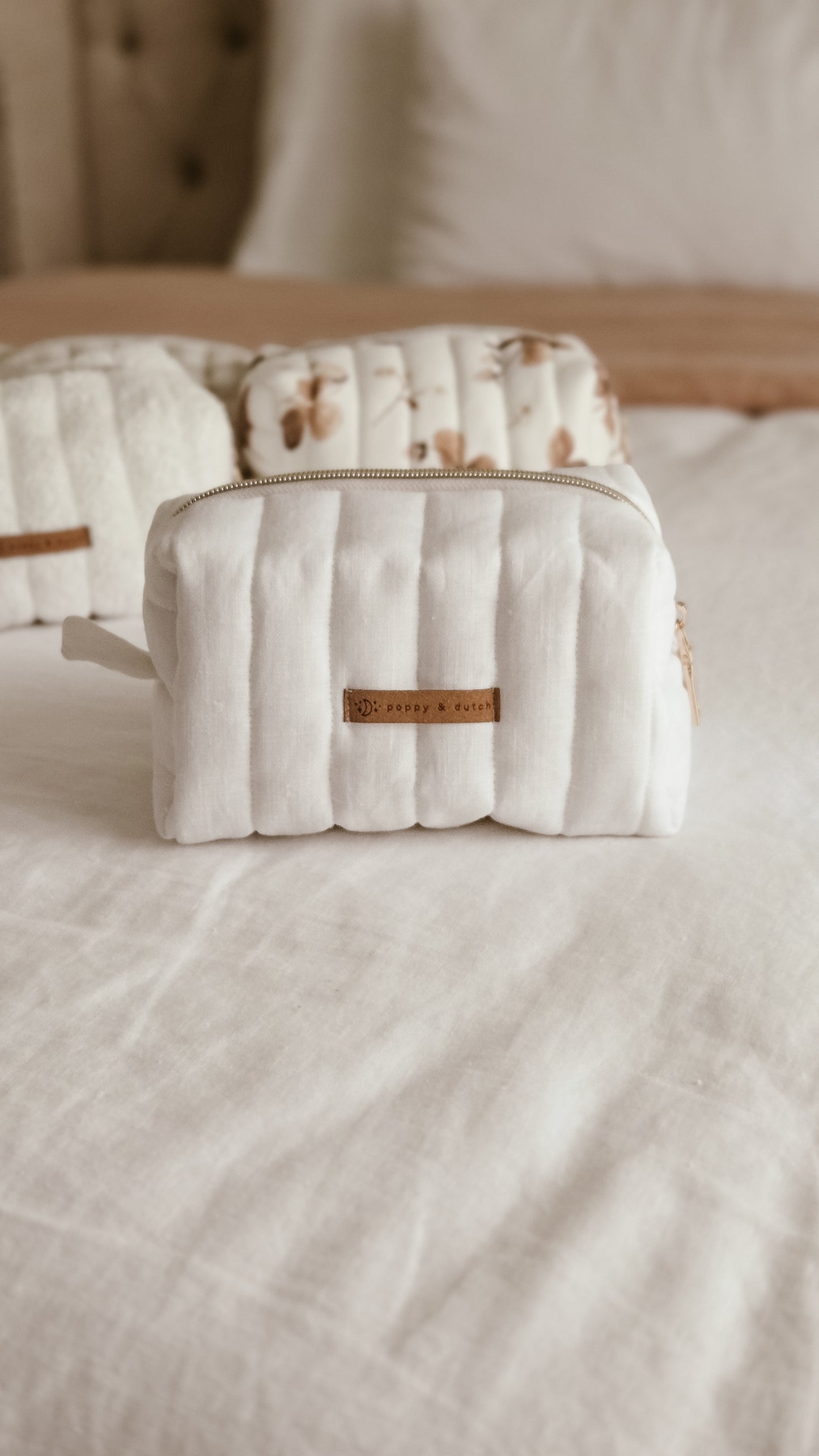 White linen Boxy Zipper Bag – Mini Nappy Bag, Makeup & Travel Pouch with Inner Pocket | Coffee & Cream Collection