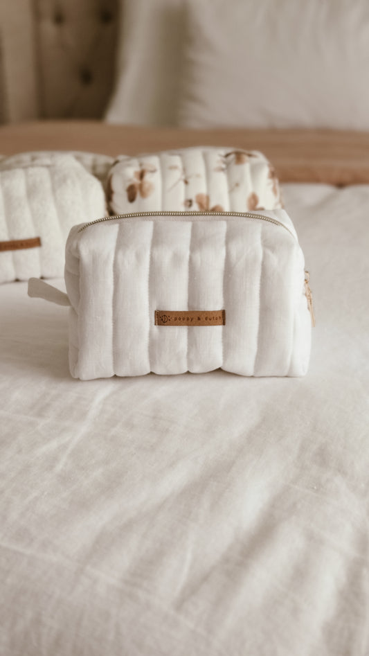 White linen Boxy Zipper Bag – Mini Nappy Bag, Makeup & Travel Pouch with Inner Pocket | Coffee & Cream Collection