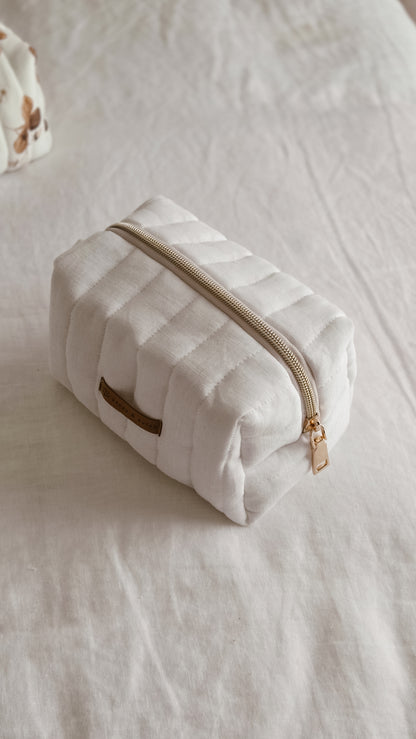 White linen Boxy Zipper Bag – Mini Nappy Bag, Makeup & Travel Pouch with Inner Pocket | Coffee & Cream Collection