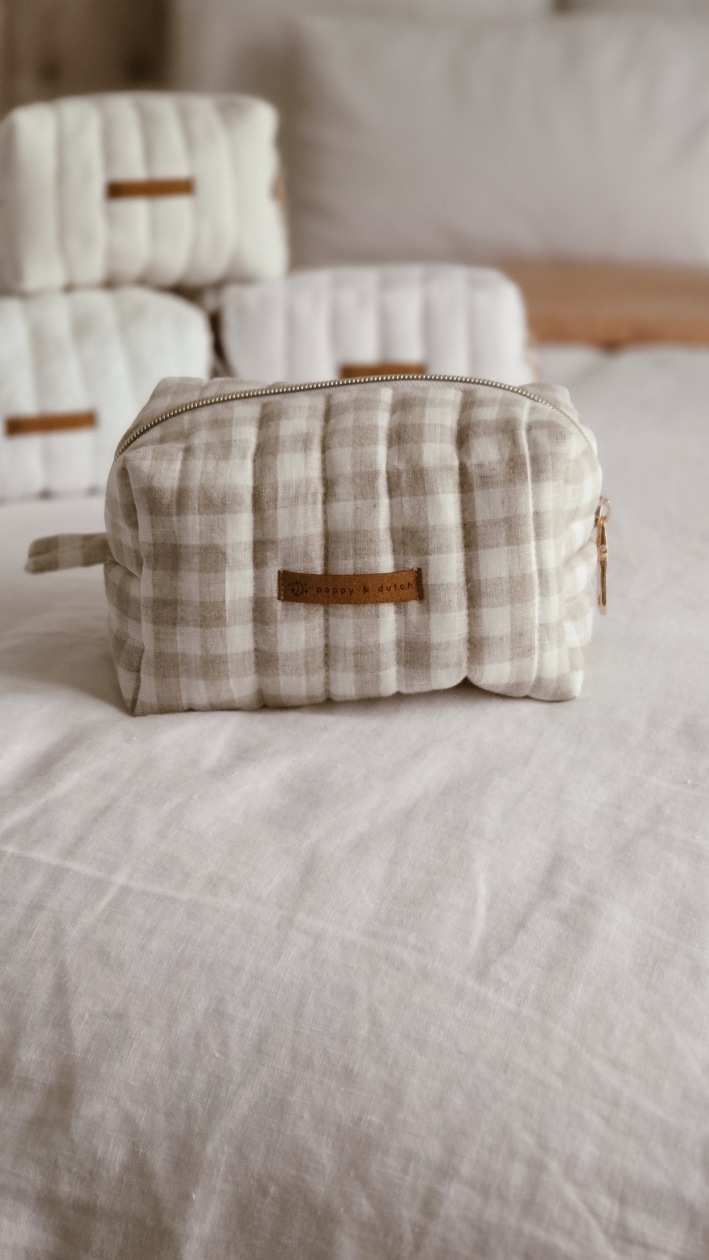 Check linen Boxy Zipper Bag – Mini Nappy Bag, Makeup & Travel Pouch with Inner Pocket | Coffee & Cream Collection