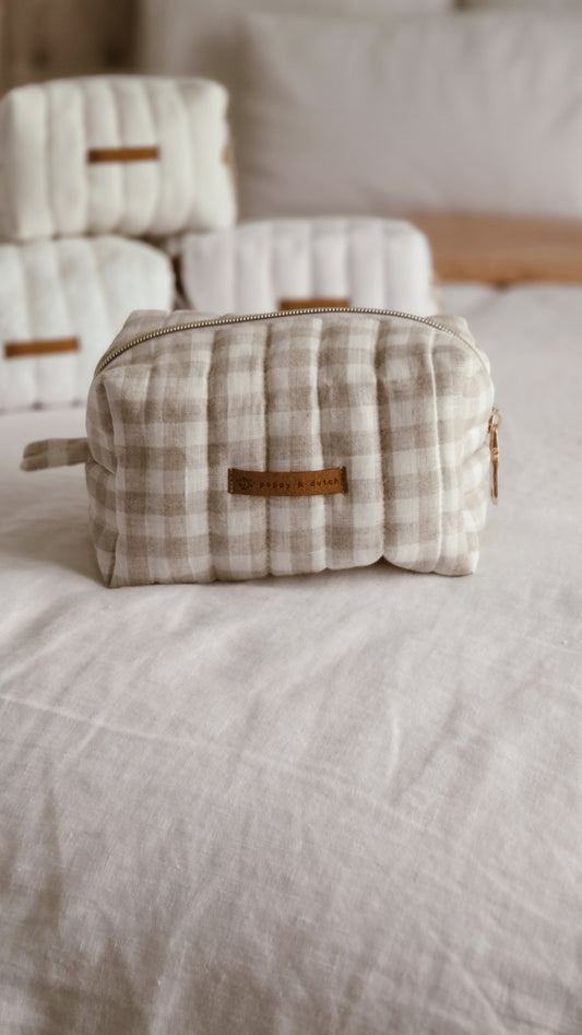 Check linen Boxy Zipper Bag – Mini Nappy Bag, Makeup & Travel Pouch with Inner Pocket | Coffee & Cream Collection