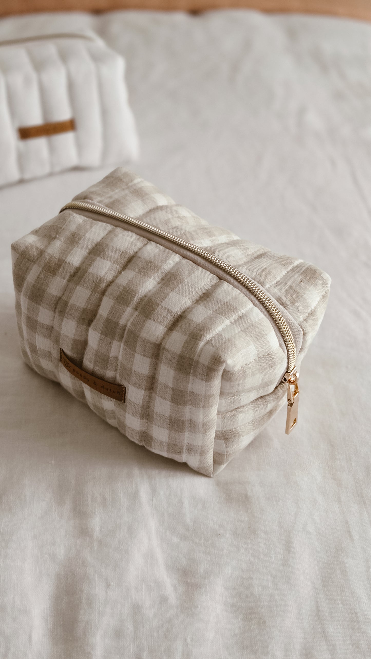 Check linen Boxy Zipper Bag – Mini Nappy Bag, Makeup & Travel Pouch with Inner Pocket | Coffee & Cream Collection