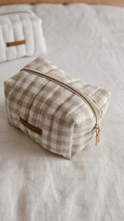 Check linen Boxy Zipper Bag – Mini Nappy Bag, Makeup & Travel Pouch with Inner Pocket | Coffee & Cream Collection