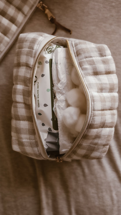 Check linen Boxy Zipper Bag – Mini Nappy Bag, Makeup & Travel Pouch with Inner Pocket | Coffee & Cream Collection