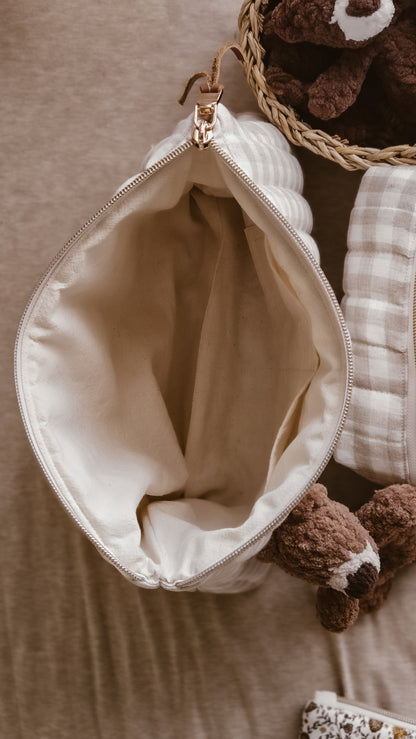 White Terry Tall Zipper Bag | Toiletry Bag | Mini Nappy Bag, Makeup & Travel Pouch with Inner Pocket | Coffee and Cream Collection