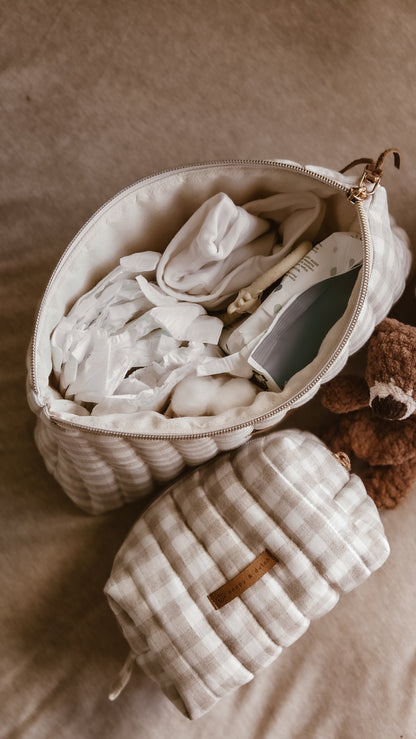Check linen Boxy Zipper Bag – Mini Nappy Bag, Makeup & Travel Pouch with Inner Pocket | Coffee & Cream Collection