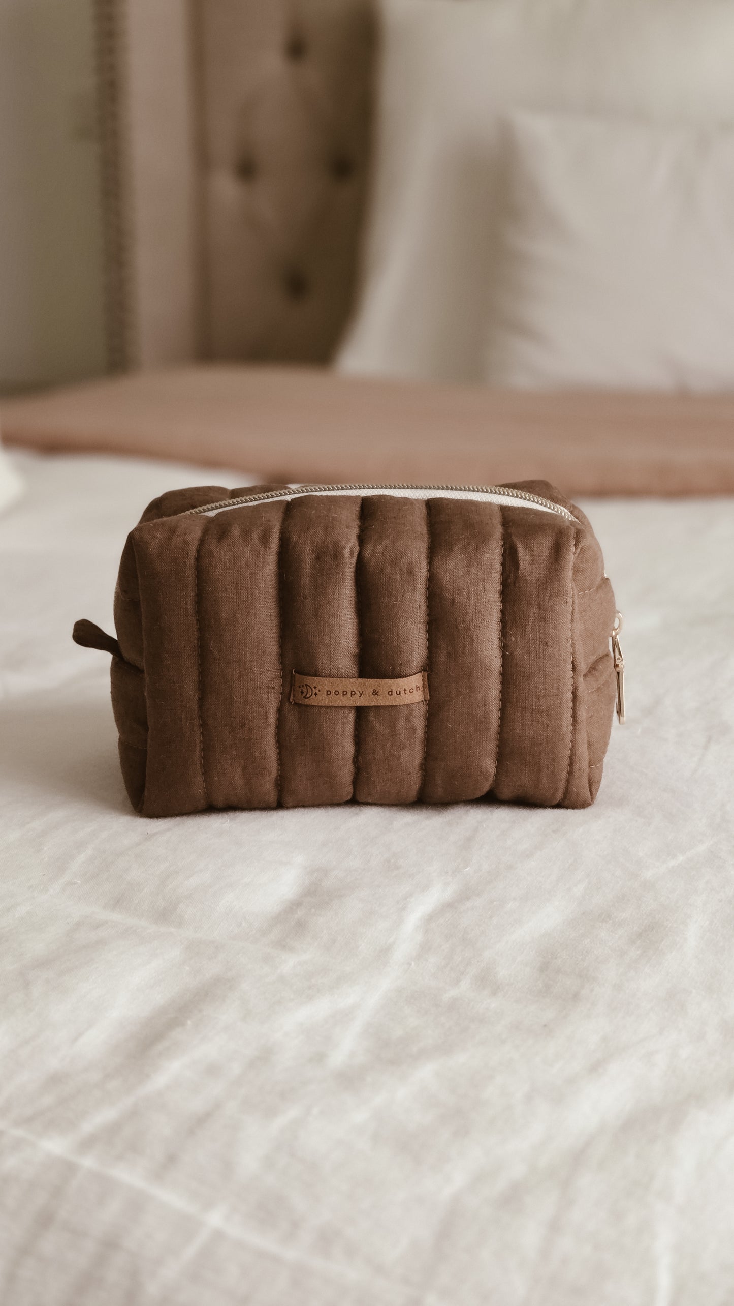 Brown linen Boxy Zipper Bag – Mini Nappy Bag, Makeup & Travel Pouch with Inner Pocket | Coffee & Cream Collection