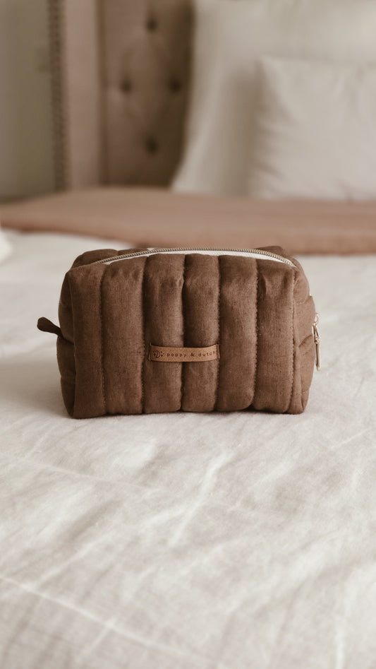 Brown linen Boxy Zipper Bag – Mini Nappy Bag, Makeup & Travel Pouch with Inner Pocket | Coffee & Cream Collection