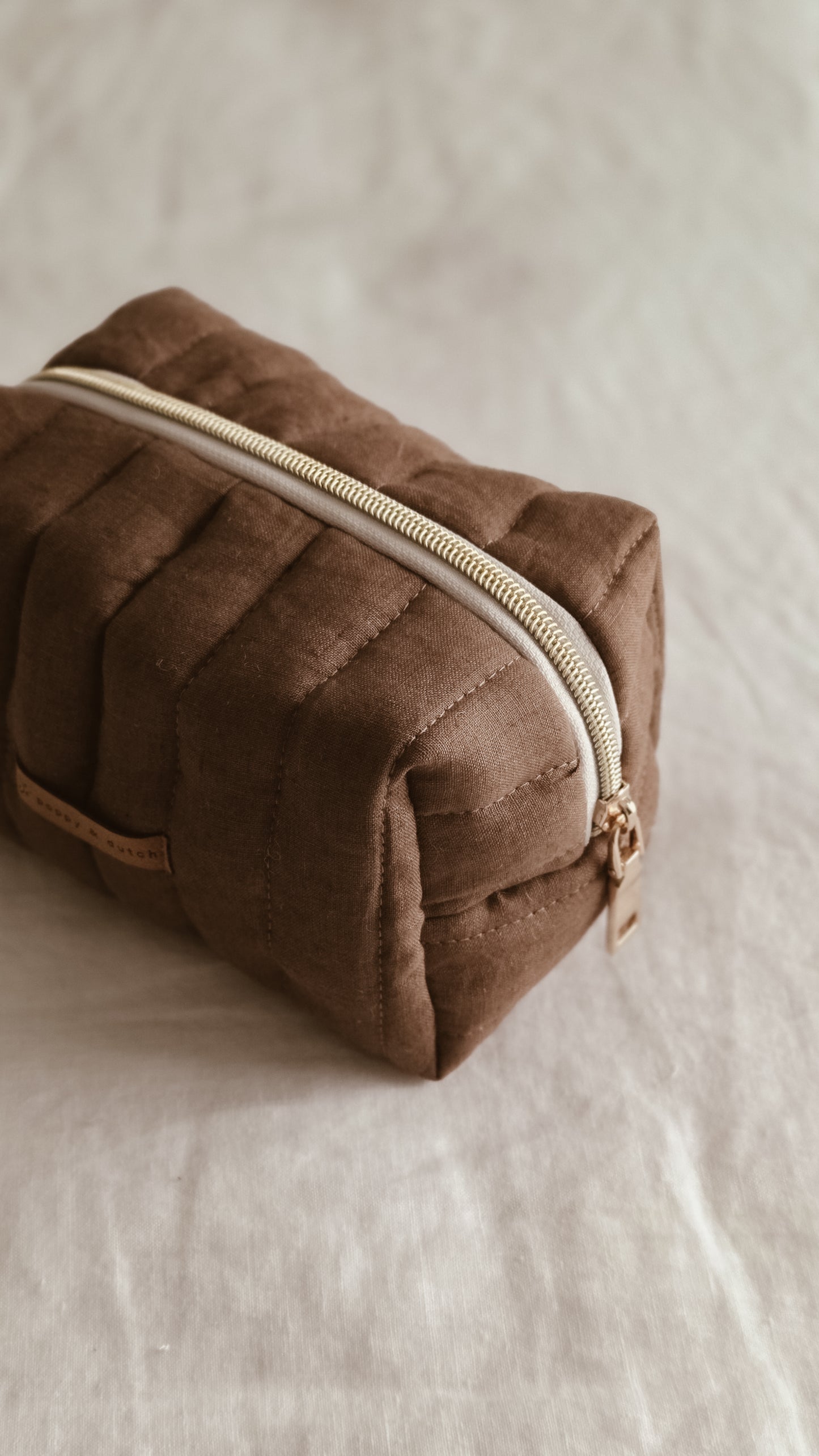 Brown linen Boxy Zipper Bag – Mini Nappy Bag, Makeup & Travel Pouch with Inner Pocket | Coffee & Cream Collection