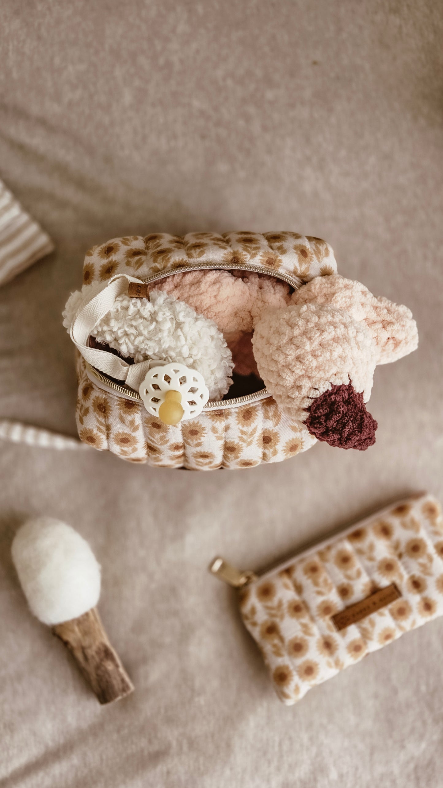 Brown Sunflower Boxy Zipper Bag – Mini Nappy Bag, Makeup & Travel Pouch with Inner Pocket