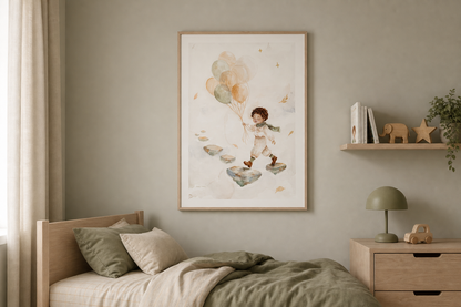 Hand-Painted Watercolor Art Print: Little boy with balloons | Fine Art Poster
