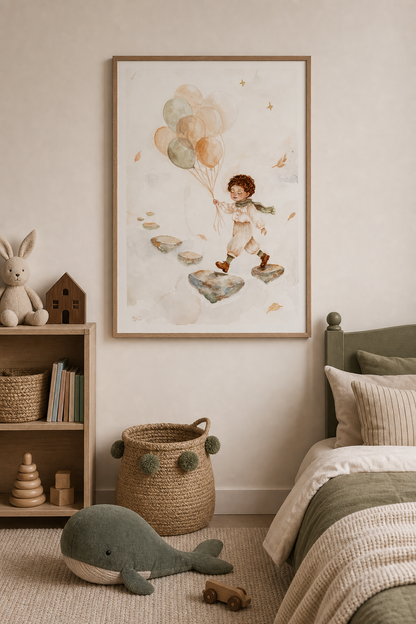 Hand-Painted Watercolor Art Print: Little Boy with Balloons | Digital Download